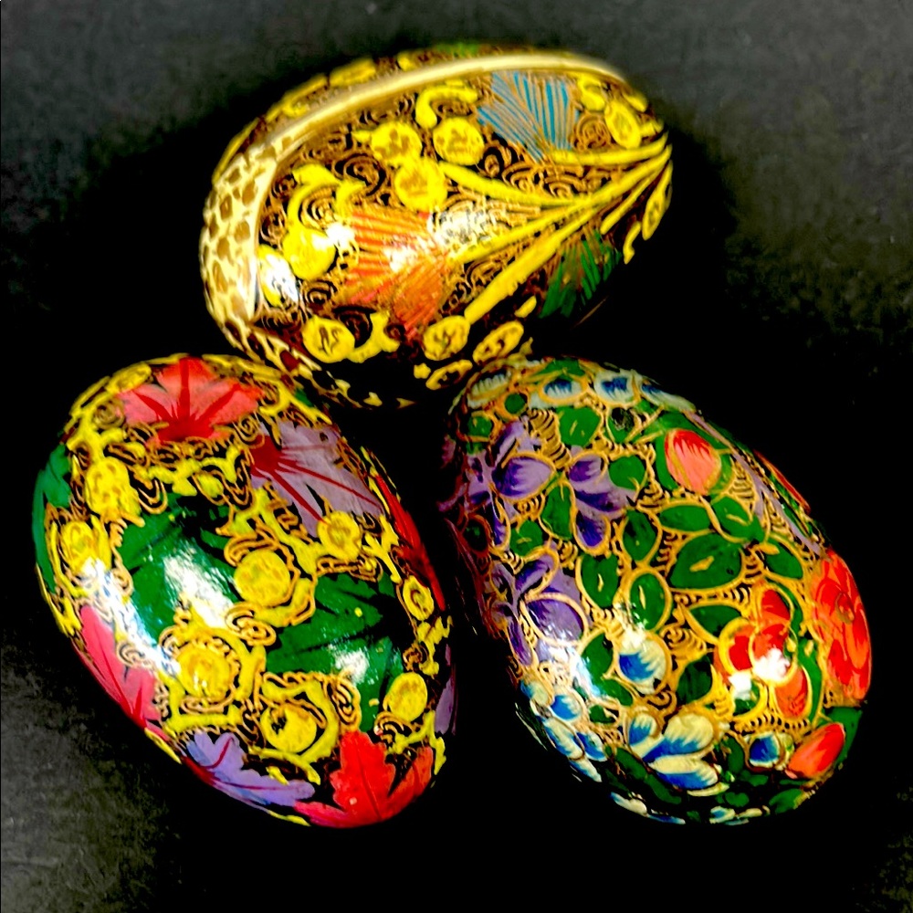 Vintage set of three hand decorated Kashmir paper mache eggs